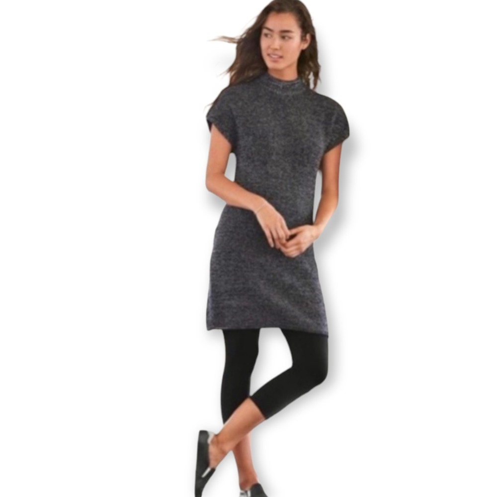 Athleta Pinewood Speckled Grey Merino Wool Round Neck Cap Sleeve Sweater Dress